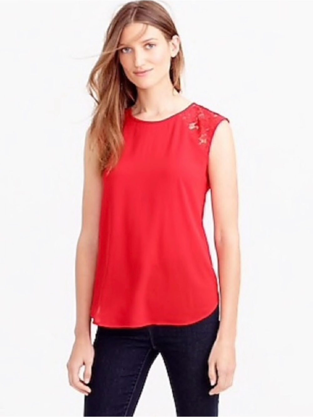 J. Crew Red Lace Shoulder Top